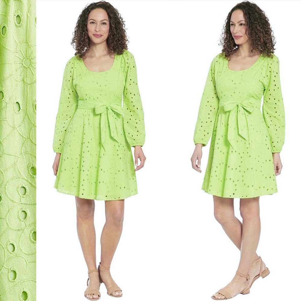 London Times Eyelet A-Line Dress Long Sleeves Scoop Neck Bishop Sleeve L…